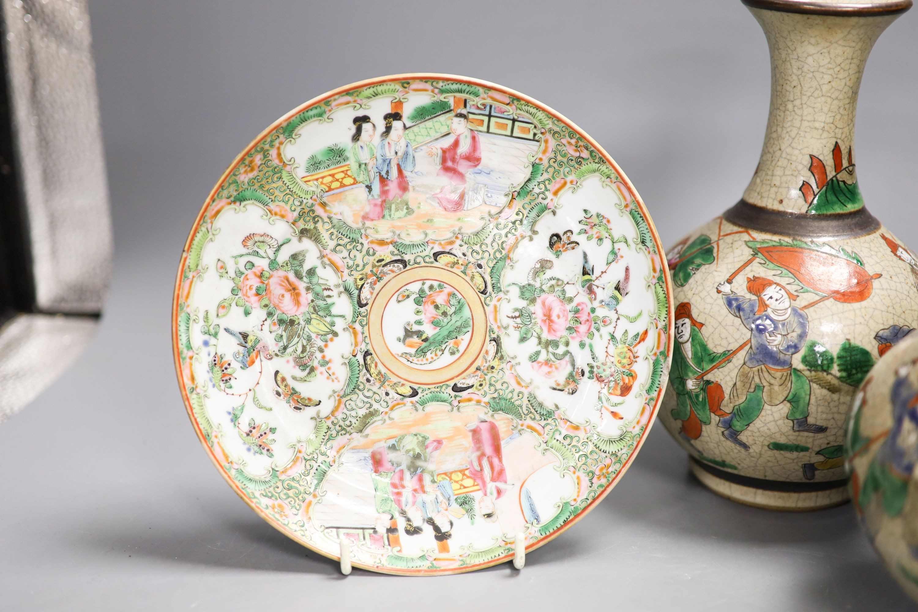 A pair of Chinese crackle glaze famille rose vases, a famille rose dish and a blue and white bowl, 19th century and later